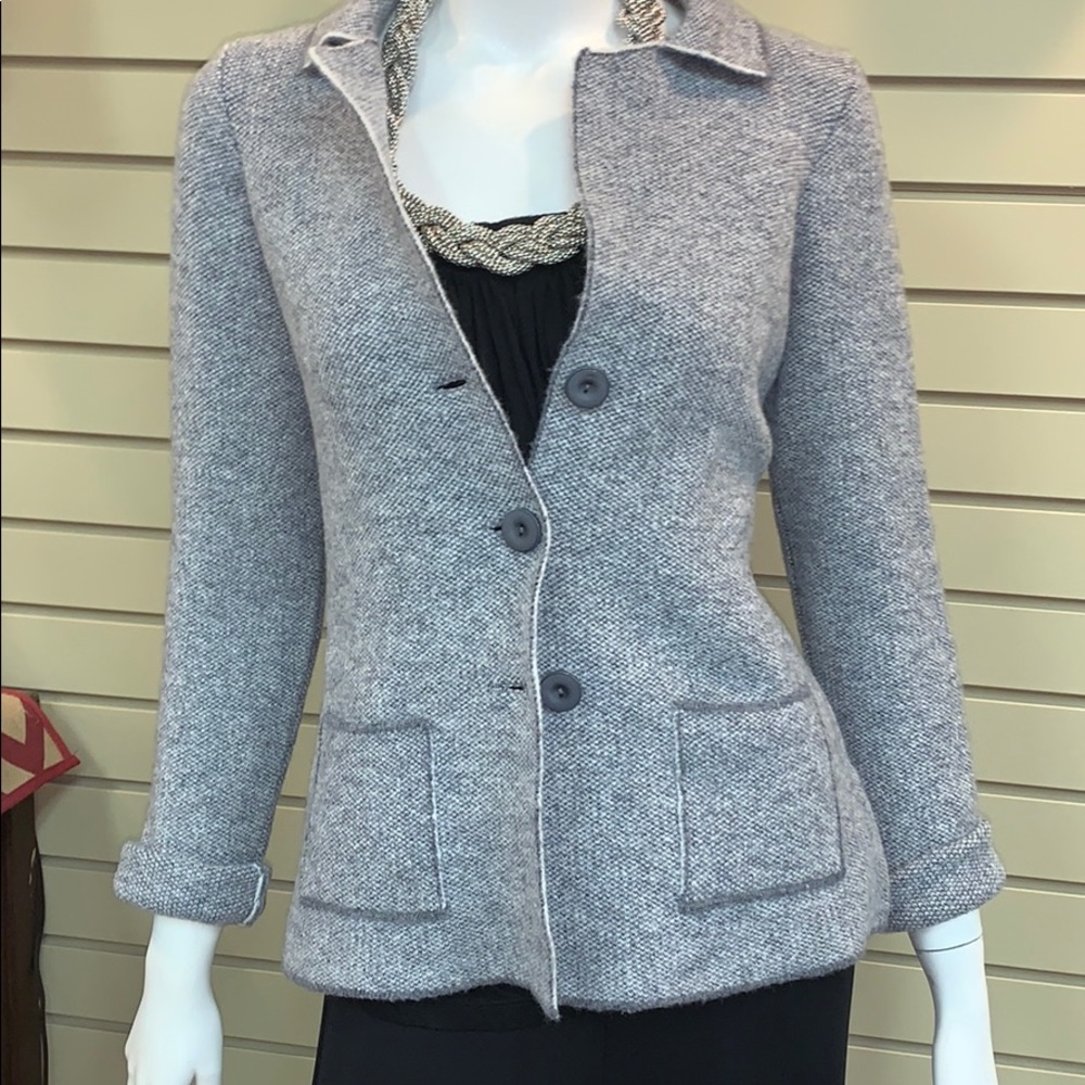 Cozy grey cardigan gently worn